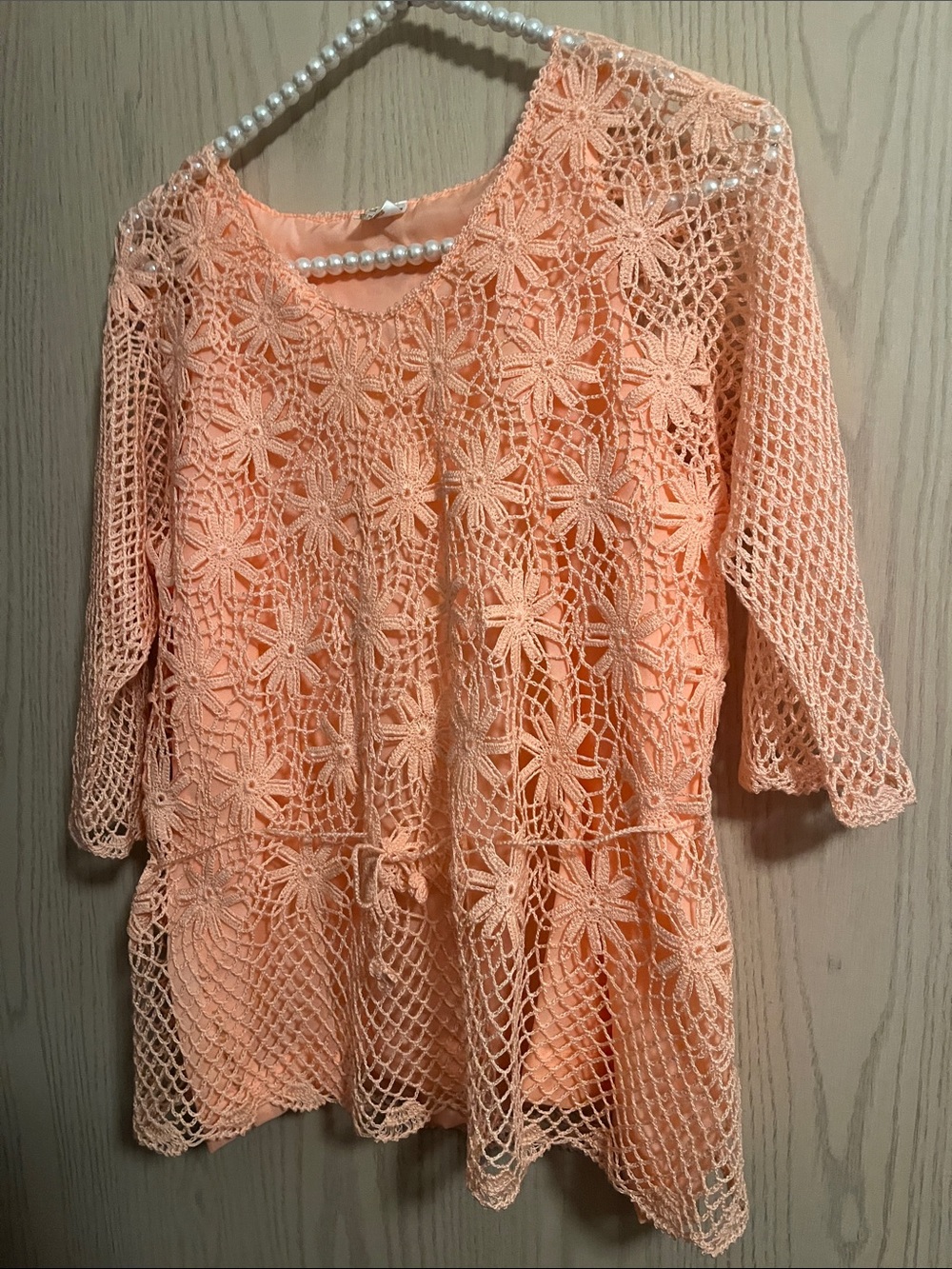 Peach Crochet Floral Tunic Top & Skirt To Match